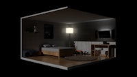 a 3d model of a room with a bed and a lamp